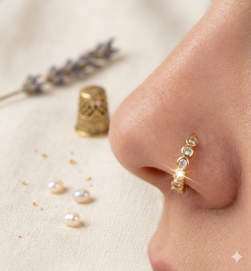 Beaded Gold Plated Cubic Zirconia Nose Ring (8mm)