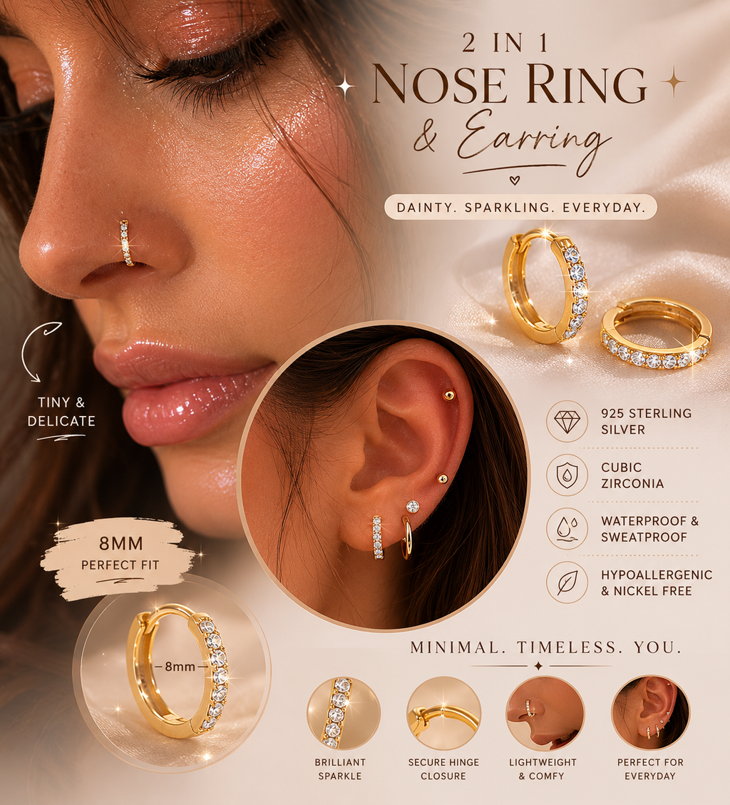 925 Sterling Silver + Cubic Zirconia Hypoallergenic 8mm 2 in 1 Nose ring and Earrings (2 pcs)