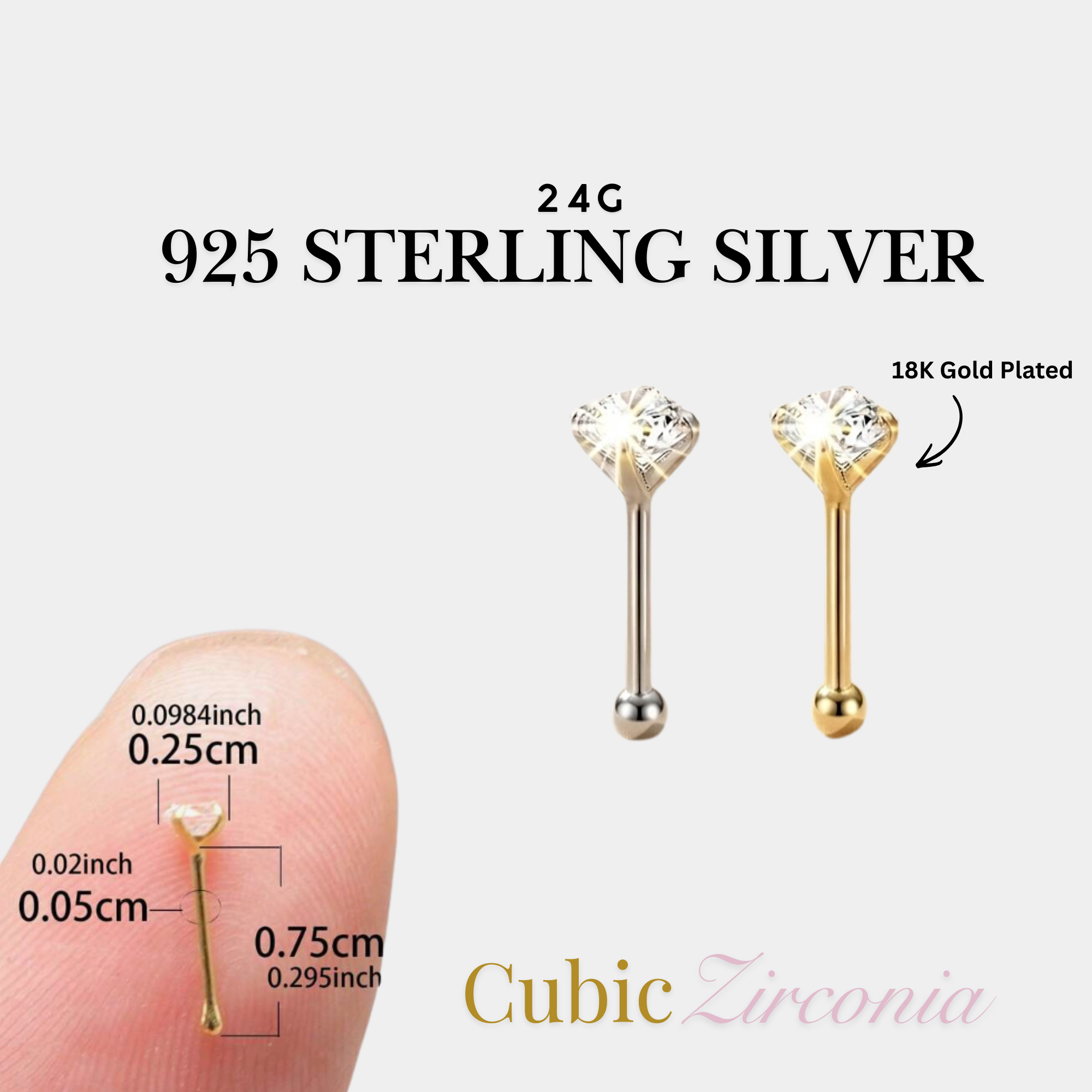 24G 925 Sterling Silver Nose Stud + 2.5mm Cubic Zirconia Inlaid (Gold/Silver)