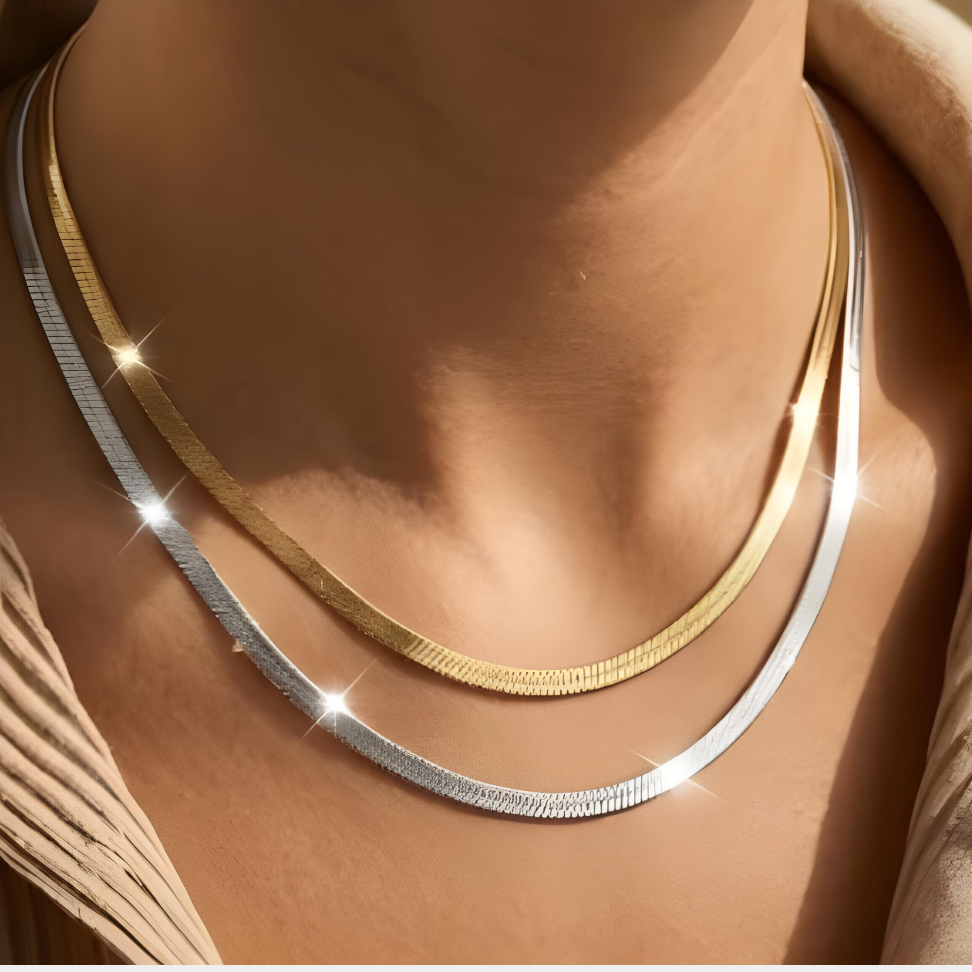 18K Gold Plated and 304 Stainless Steel Polished Snake Chain Necklace (Gold and Silver)