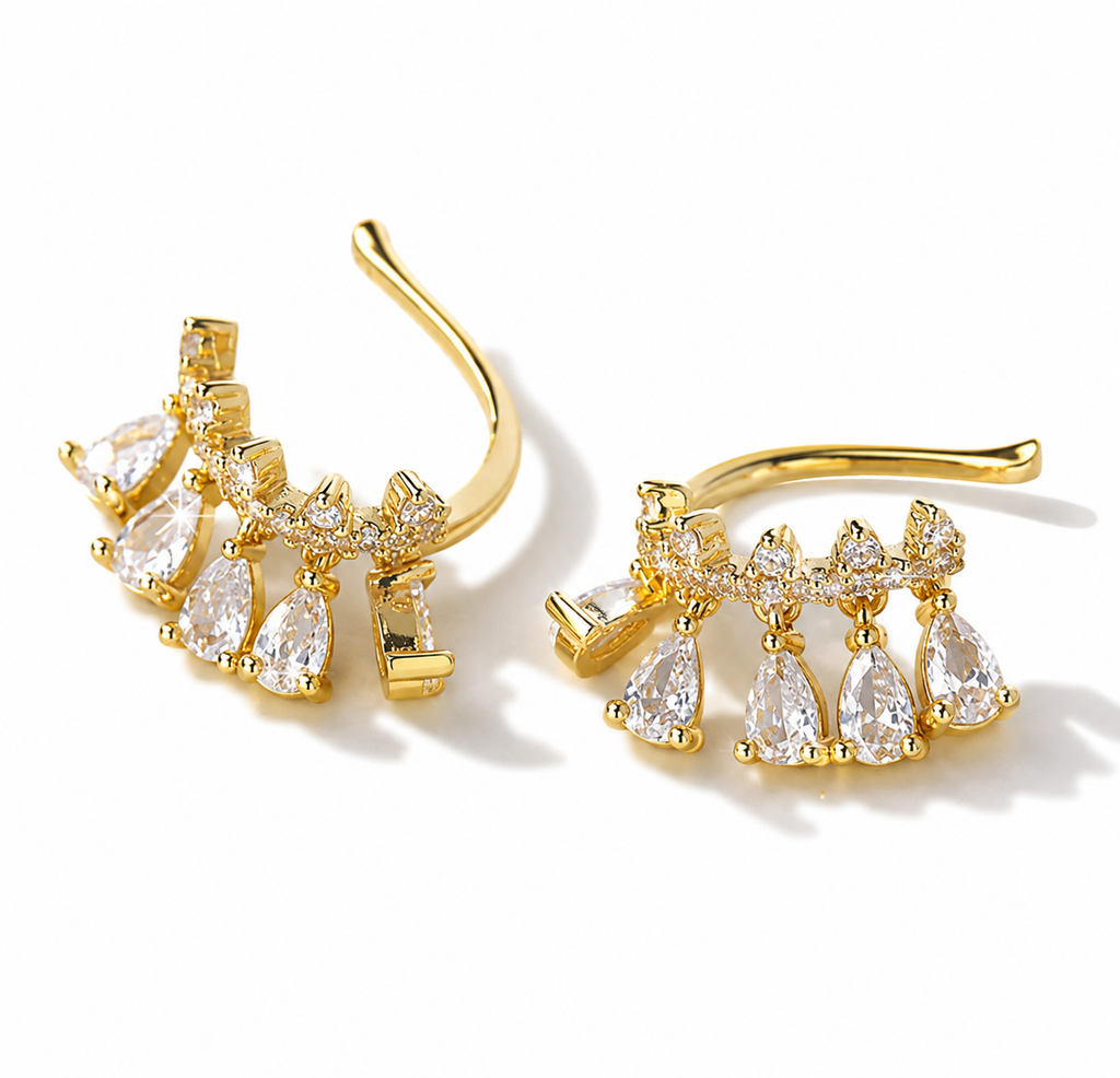 Elara Crystal Ear Cuffs | Dangling Teardrop Zirconia Crown Clip-On