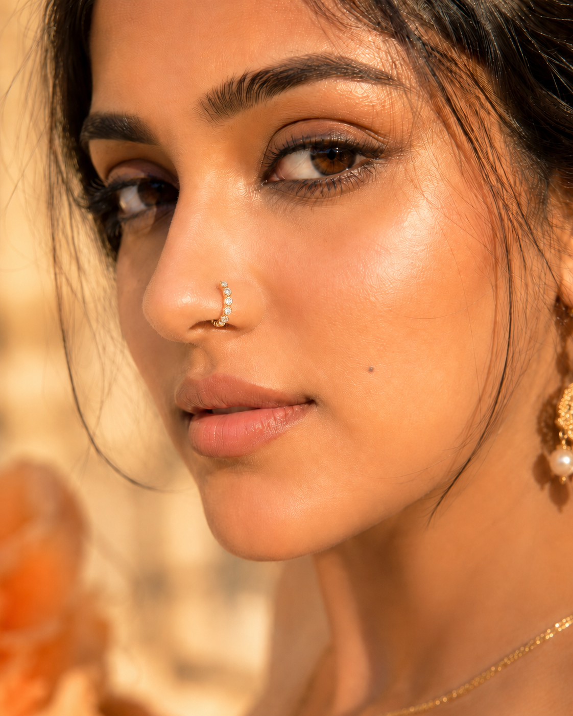 Beaded Gold Plated Cubic Zirconia Nose Ring (8mm)
