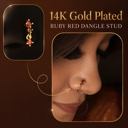 14K Gold Plated Ruby Red Dangle Nose Stud (L shape)
