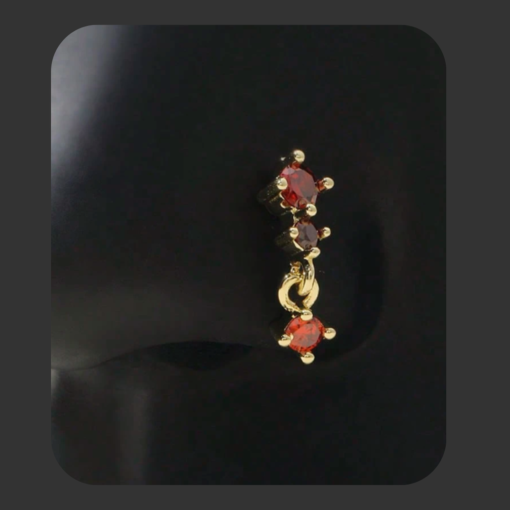 14K Gold Plated Ruby Red Dangle Nose Stud (L shape)