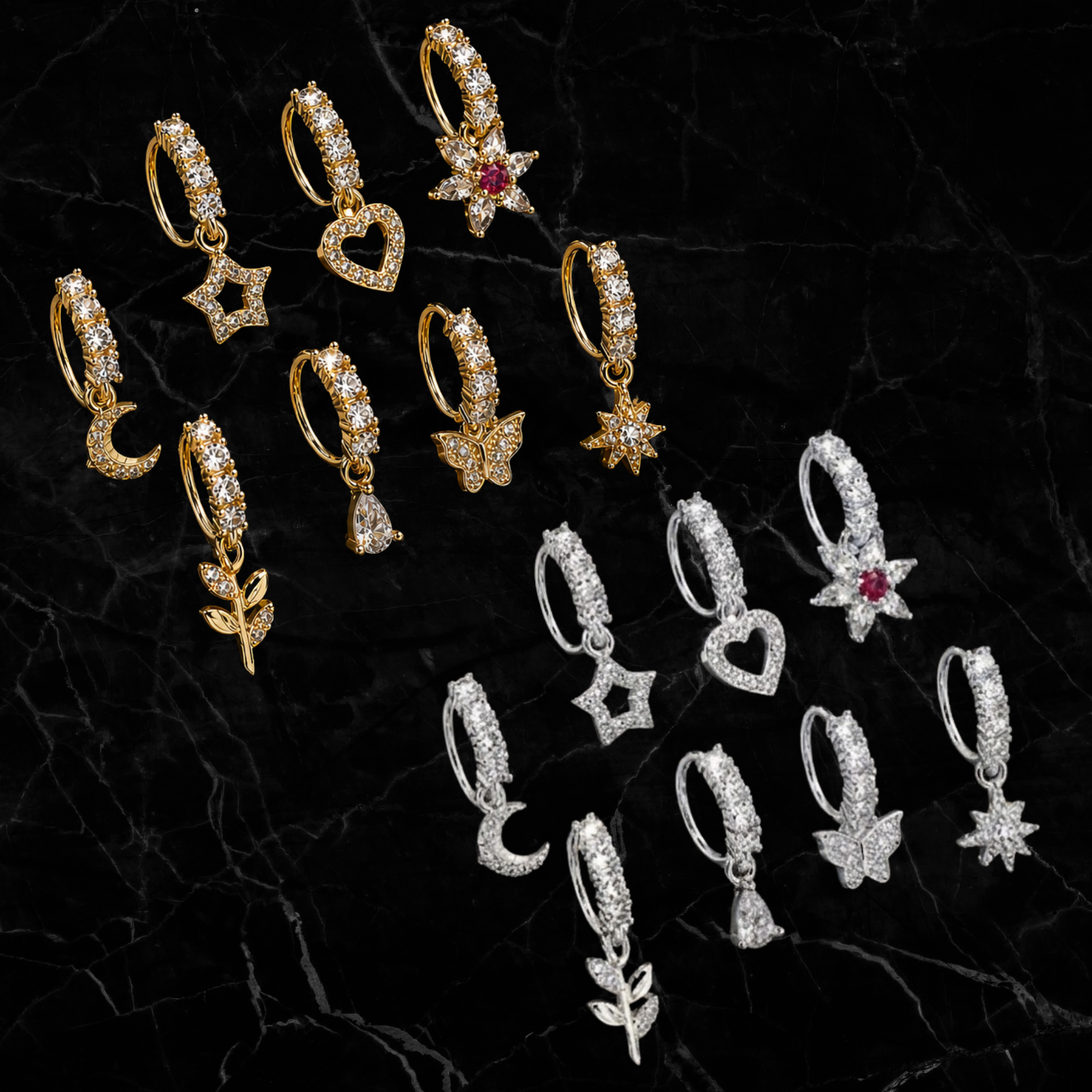 8 Pack Gold/Silver Dangle Charm Nose Rings