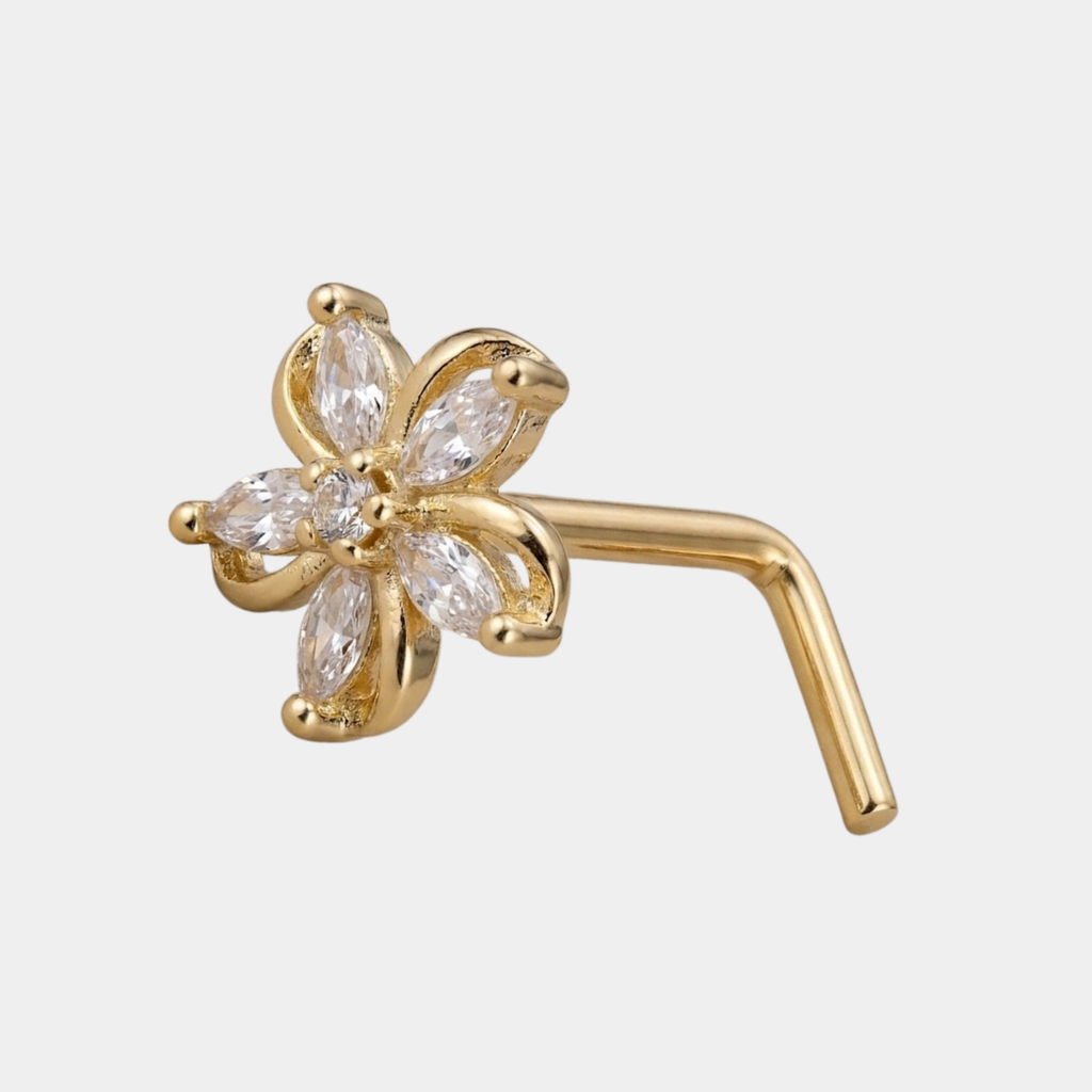 Gold Cubic Zirconia Flower Nose Stud Ring L Bend