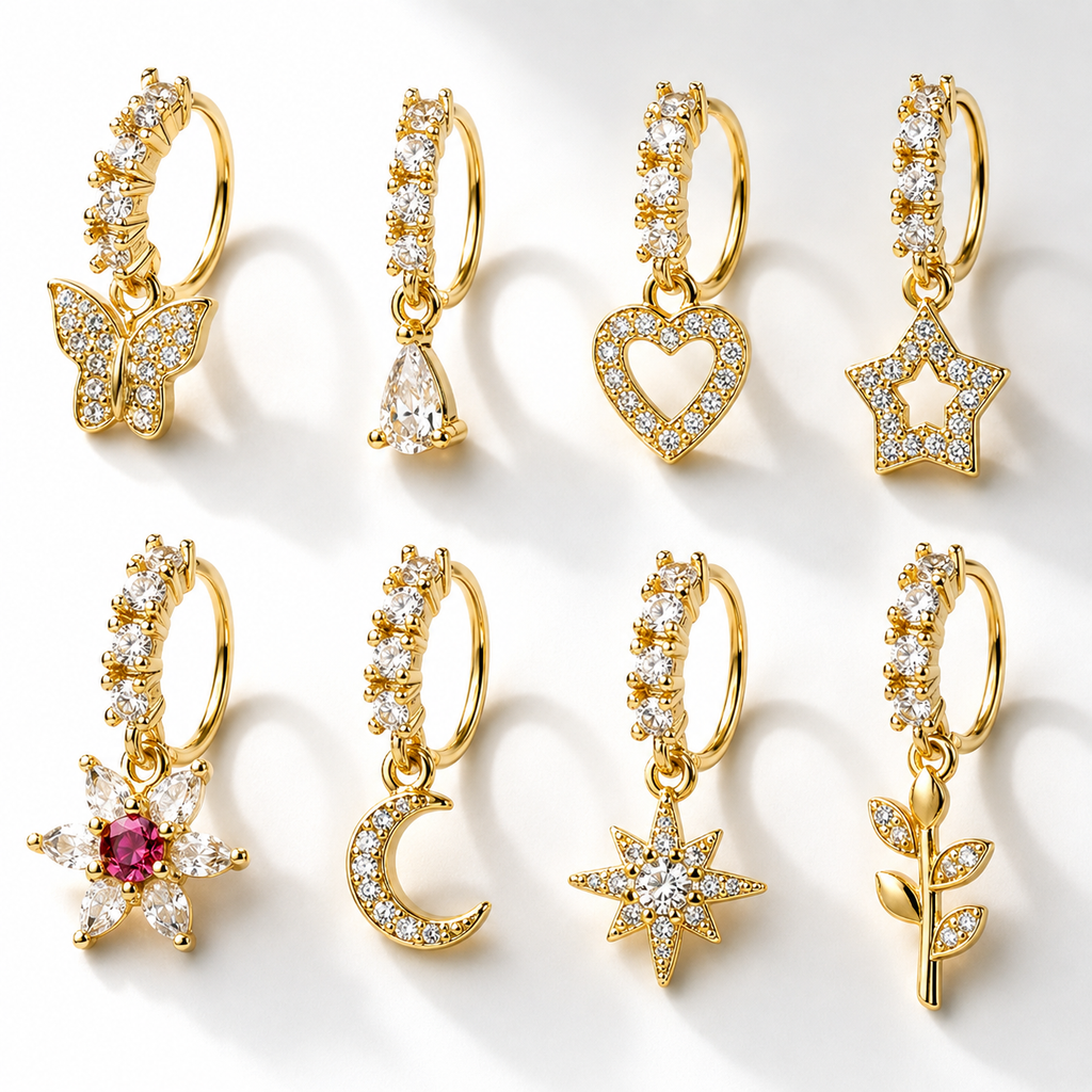 8 Pack Gold/Silver Dangle Charm Nose Rings