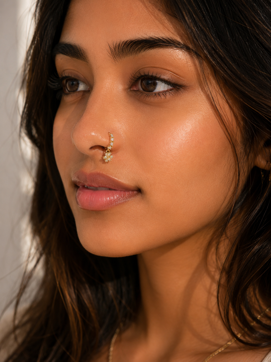 Gold Flower Charm Nose Ring with shiny gems (dangle ring)