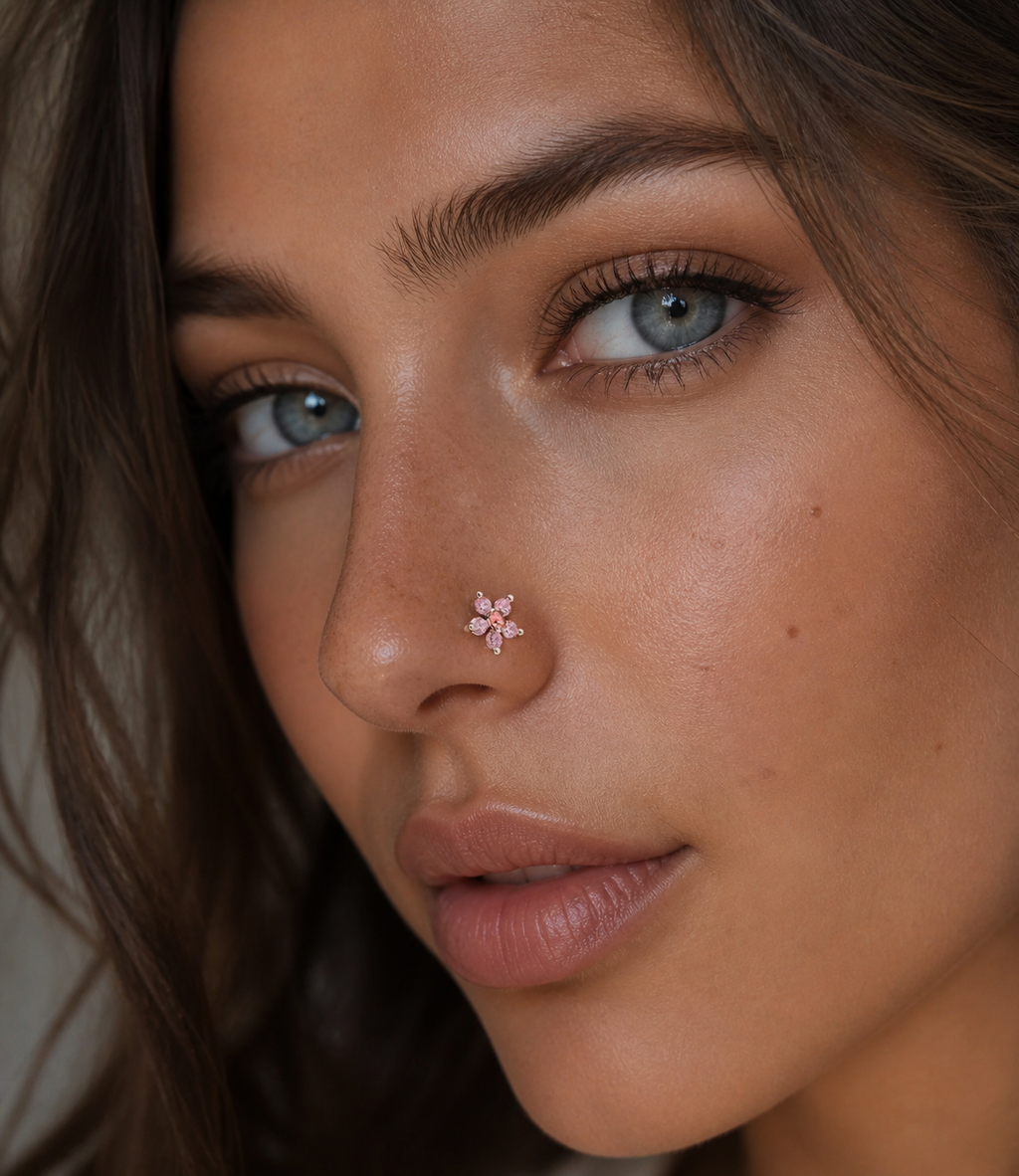 Pink Zirconia Flower Nose Ring Stud for Women
