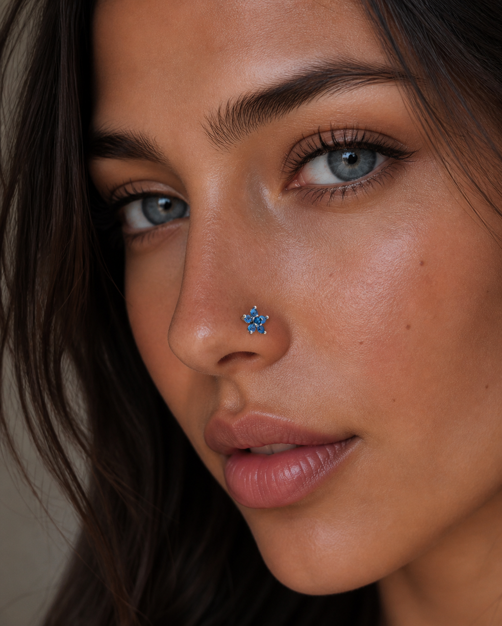 Ocean Blue Zirconia Flower Nose Ring Stud