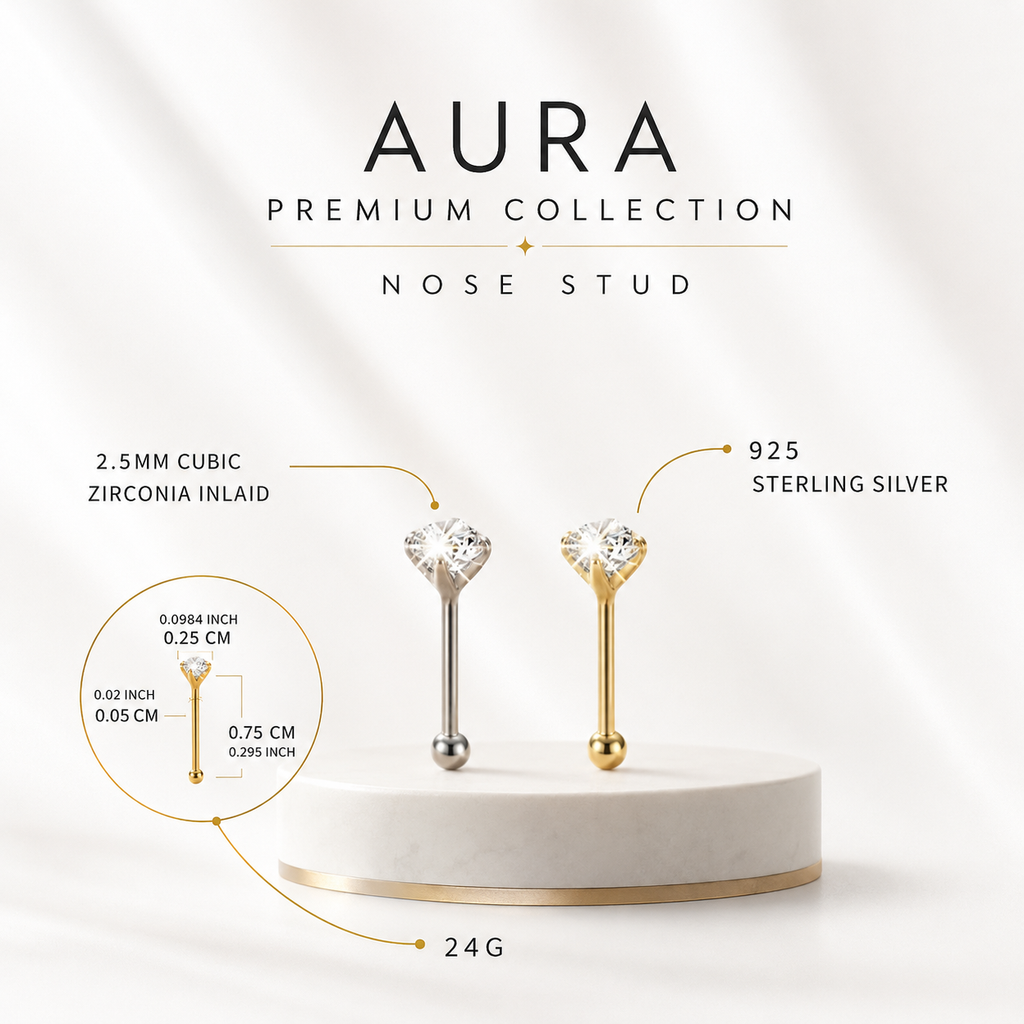 Aura Premium | 24G 925 Sterling Silver Nose Stud + 2.5mm Cubic Zirconia Inlaid
