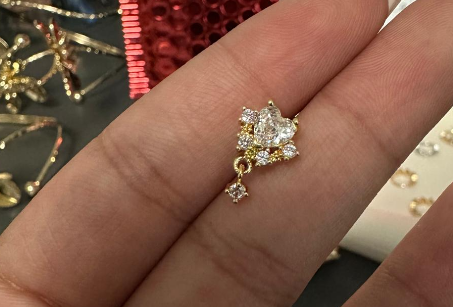 Gold Heart and sparkling gem dangle L shaped Stud