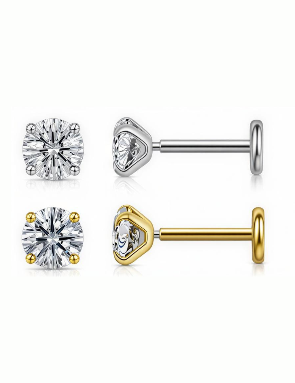 Flat Back 4mm CZ Studs - 6mm Threadless Labret (Gold/Silver)