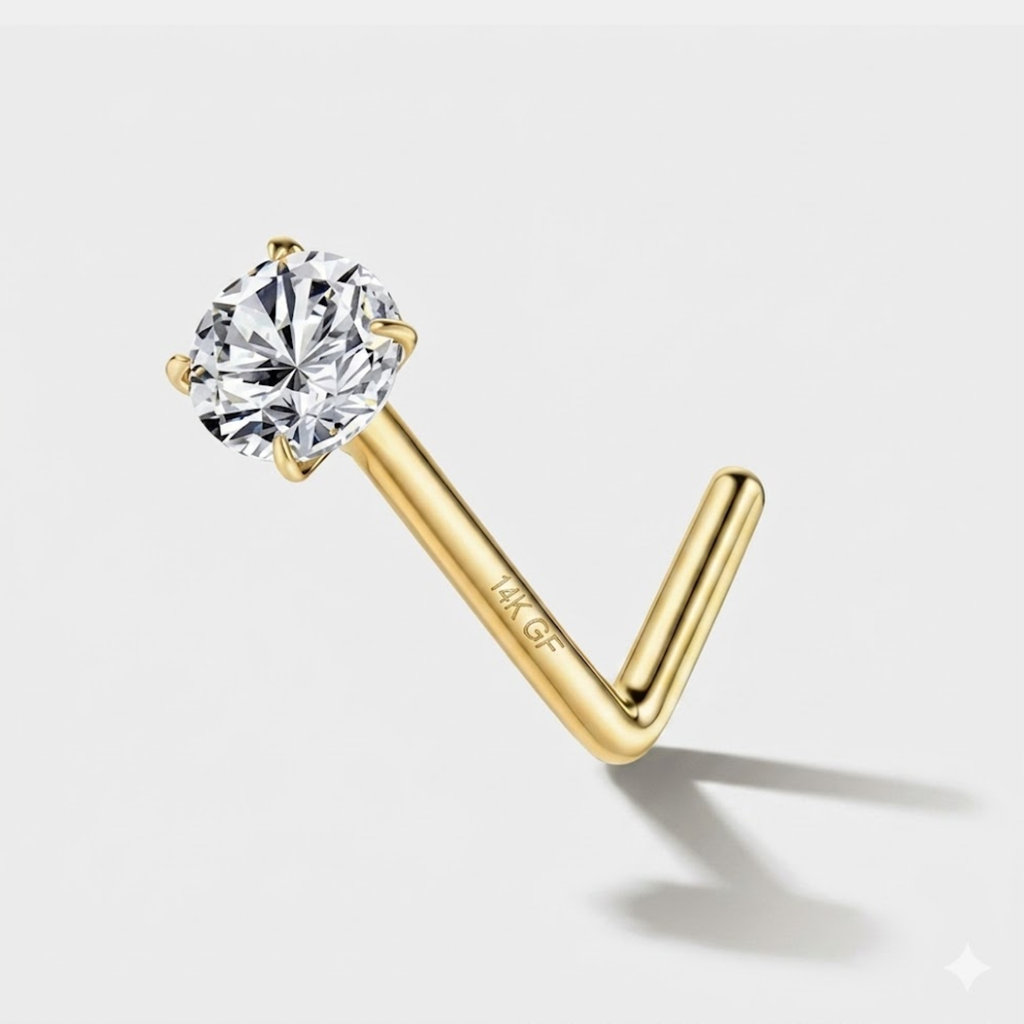 14K Gold Filled Stainless Steel 2.5mm Cubic Zirconia Hypoallergenic Nose Studs L shape