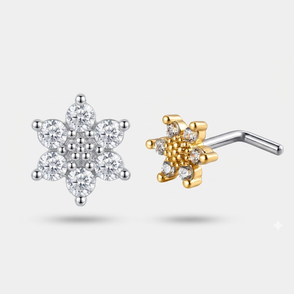 Rhinestone Flower Nose Ring L Shape (Gold and Silver Colour Options)