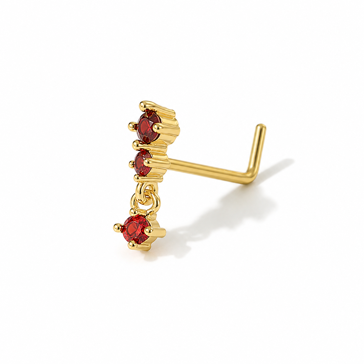 14K Gold Plated Ruby Red Dangle Nose Stud (L shape)