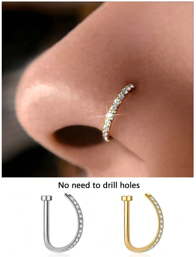 Faux slide on stainless steel nose ring with crystal zirconia inlaid (gold and silver)